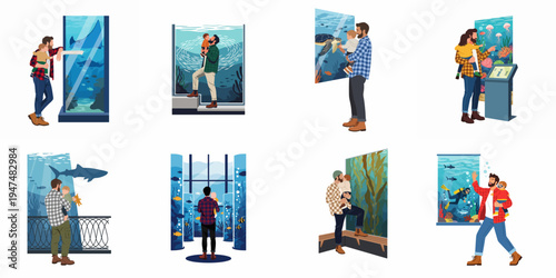 Set of flat illustrations showing a father and his young son exploring an aquarium, observing various marine animals and underwater life together.