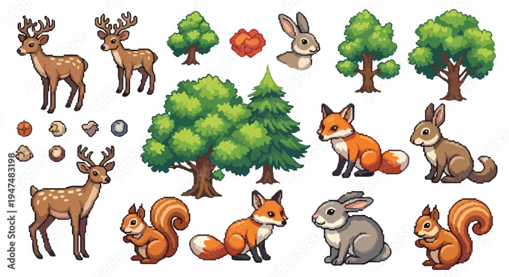 Fototapeta premium A collection of charming pixel-art forest creatures including deer, foxes, rabbits, and squirrels, alongside various trees and natural elements.