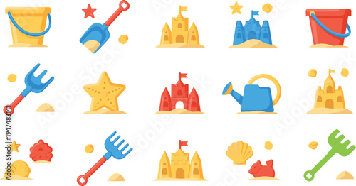 Beach Sand Toys Vector Collection with Bucket Shovel Rake Sandcastle Starfish Seashell Summer Kids Play Illustration Set