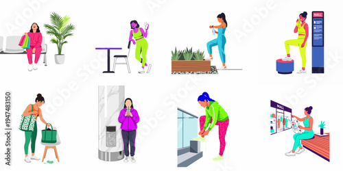 Collection of diverse women in athletic wear engaging in various activities like shopping, exercising, and relaxing in a modern urban or mall environment.