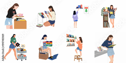 Set of diverse flat illustrations of young women browsing, organizing, and enjoying vinyl records and music albums in a record store or home.