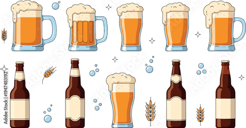 Beer mugs and bottles collection with frothy lager glasses and barley grains, classic brewery drink illustration set for pub and Oktoberfest design