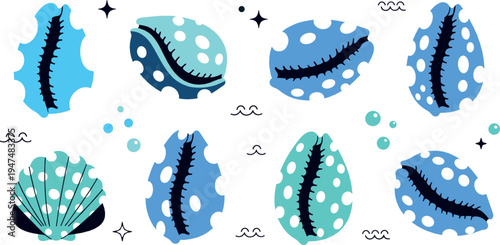 Blue ocean seashell collection with clam shells scallop shells marine beach elements underwater nature flat vector illustration set