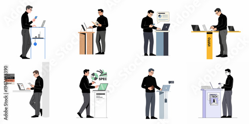 Set of Illustrations Featuring a Professional Man Using Various Tech Devices and Laptops in Different Office and Retail Environments