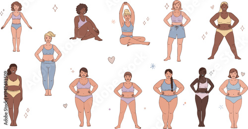 Body Positive Women Vector Set with Diverse Female Body Types Self Love Confidence Inclusivity Diversity Illustration Collection