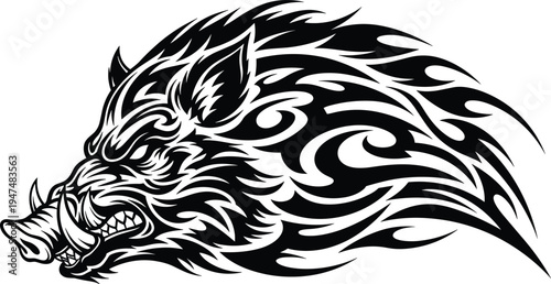 Aggressive wild boar head tribal tattoo design, angry hog with tusks, stylized animal mascot flame profile, cad drawing flat vector illustration, isolated.
