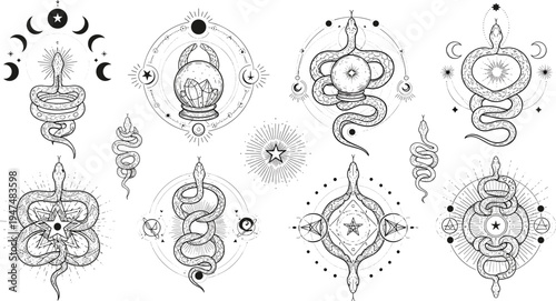 Mystical snake and celestial symbols collection with moon phases sacred geometry and occult spiritual tattoo style illustrations