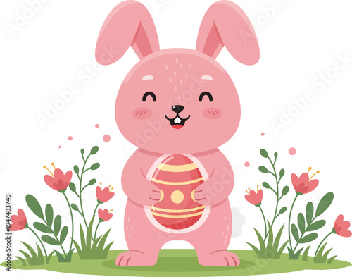 Cute pink cartoon piglet and funny baby hippo character with an easter bunny and colorful eggs in a vector illustration drawing