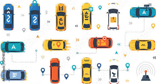 Top view car navigation icons set with taxi ride sharing vehicles GPS route markers and transportation app interface elements