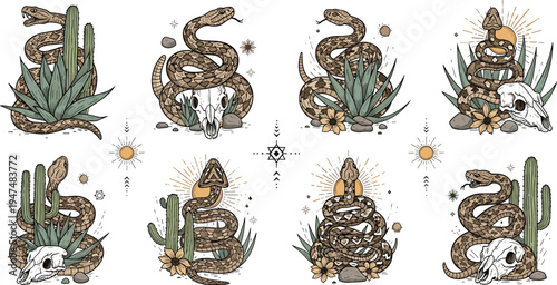 Desert snake and cactus illustration collection with skulls sun symbols and boho western tattoo style wildlife designs