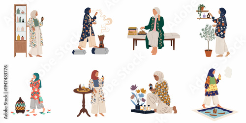 Set of flat illustrations featuring modern Muslim women in hijabs engaging with perfumes, scents, and traditional incense rituals in a contemporary setting.