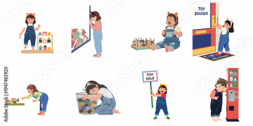 Collection of illustrations showing a young girl in denim overalls crying and feeling sad while playing with or looking at different toys.
