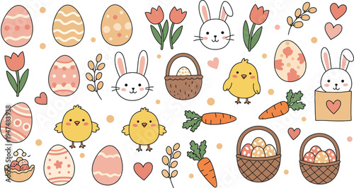 A fun set of seamless Easter patterns featuring a cartoon vector illustration design with colorful eggs, baby bunnies, spring flowers, and cute animals for a decorative holiday wallpaper drawing