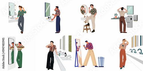 Set of Flat Vector Illustrations Featuring Stylish Men Grooming Themselves, Combing Hair, and Applying Skincare Products in Bathroom Mirrors