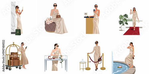 Set of elegant illustrations featuring a sophisticated woman in silk dresses at various luxury locations like hotels, red carpets, and high-end boutiques.