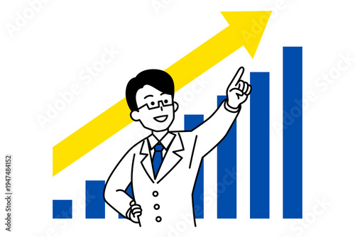 右肩上がりのグラフと遠くを指差す医師の男性