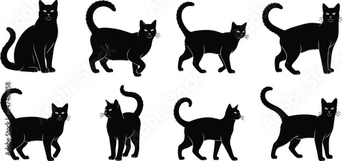 Black cat silhouette set cad drawing flat vector illustration featuring different poses of walking standing and sitting domestic cats isolated.