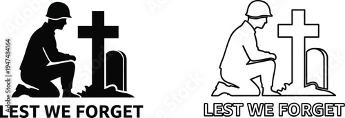 Lest we forget soldier kneeling cross memorial Vector