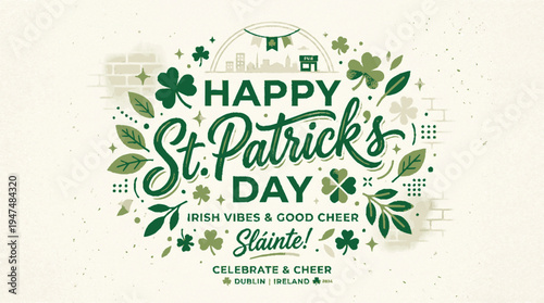 Happy st patrick's day greeting card with green shamrocks and leaves on cream background
