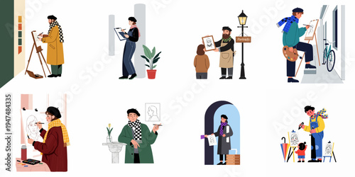 Collection of diverse artists and street painters drawing portraits and caricatures in various settings, featuring creative characters with berets and easels.