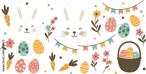 Cute Easter seamless vector pattern featuring cartoon eggs, spring flowers, butterflies, and bees for a nature inspired holiday wallpaper design