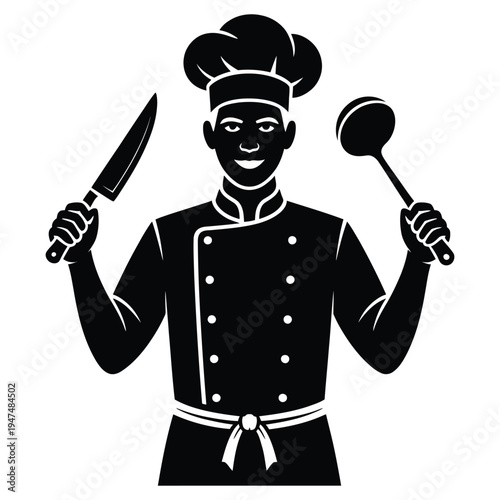 Chef holding knife and ladle in black and white silhouette professional cook uniform hat representing culinary art and cooking profession