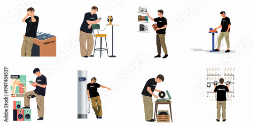 Set of illustrations depicting a young man enjoying and shopping for high-quality audio equipment, headphones, and vinyl records in a modern music environment.