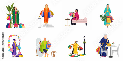Collection of illustrations featuring stylish Middle Eastern women in traditional attire enjoying a luxury shopping experience with vibrant colorful shopping bags.