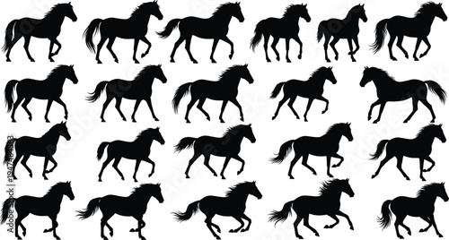 Black Horse Silhouette Set Isolated on White Background Representing Various Equine Gaits Including Walking Trotting Galloping and Running for Design