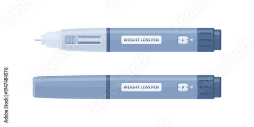 Medical weight loss injection pen for obesity and diabetes treatment. GIP, GLP-1, semaglutide and tirzepatide medication device concept. Flat vector illustration isolated on white background