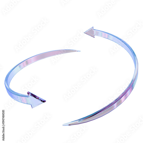 3d render iridescent glass arrows forming a circular cycle. Futuristic holographic reload sync symbol
