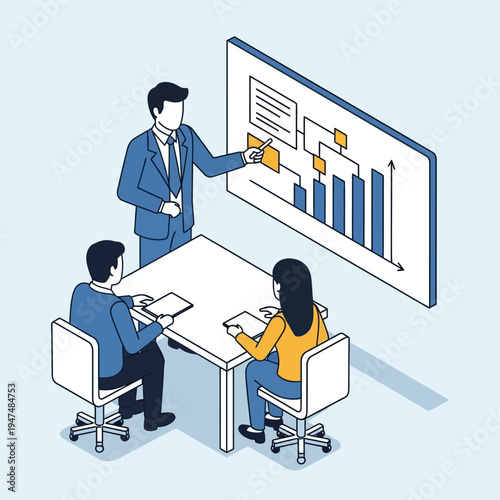 A business presentation is being given to two colleagues in a meeting room.
