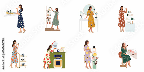 Flat vector illustrations of fashionable women choosing, smelling, and shopping for perfumes in various boutiques, stores, and personal vanity settings.