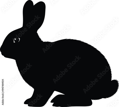 Black rabbit silhouette side view, cute hare sitting, fluffy bunny farm animal, nature wildlife, cad drawing flat vector illustration, isolated.