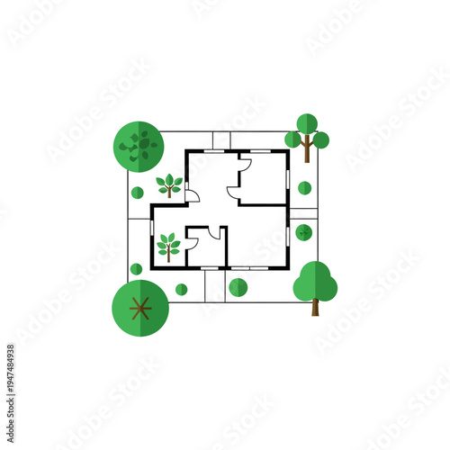 A simple house floor plan with trees.