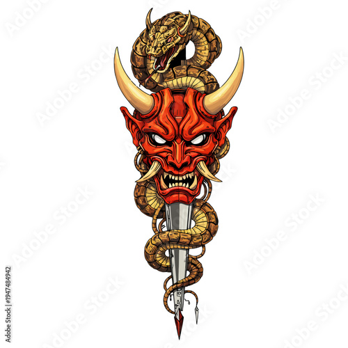 Japanese demon mask with coiled snakes and sword