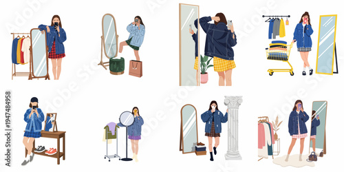 Set of illustrations depicting a young woman taking mirror selfies while trying on stylish outfits, featuring denim jackets and trendy skirts in various settings.