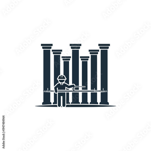 Construction worker with columns and scaffolding.