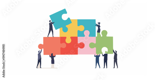 Business teamwork problem solving concept tiny people assembling puzzle pieces vector illustration