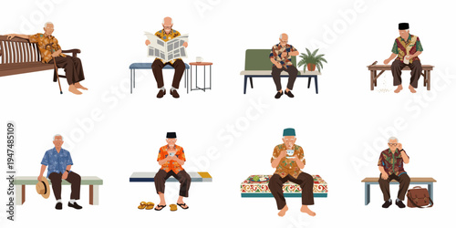 Flat illustration collection of elderly Southeast Asian men in various daily activities, wearing traditional batik shirts and sitting on benches.