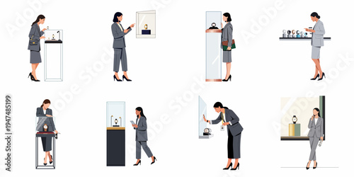 Collection of flat vector illustrations featuring professional businesswomen browsing luxury watch displays in a modern retail boutique or showroom environment.