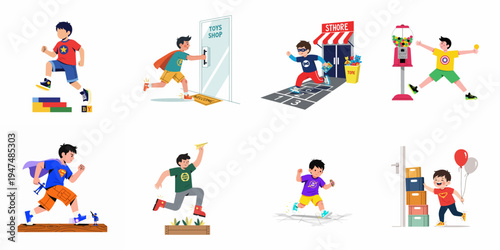 Set of vector illustrations featuring a young boy engaged in various playful activities, from visiting a toy shop to playing superheroes and games.