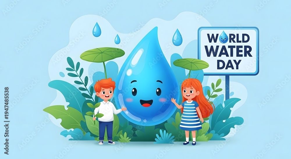 Naklejka premium World water day celebration with happy cartoon water droplet and kids