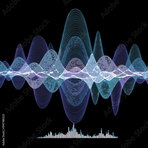 Vibrant sound wave pattern with purple and blue hues on a black background illustrating audio visualization and waveform representation