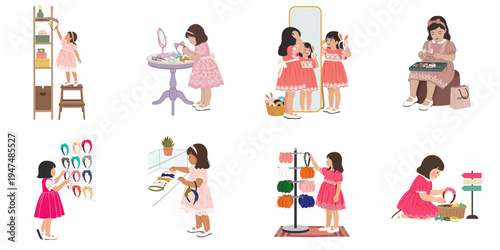 Vector illustrations of little girls in pink dresses picking out and trying on various hair accessories and headbands in a boutique or shop setting.