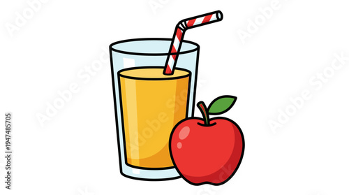cartoon style image featuring refreshing juice with straw and apple