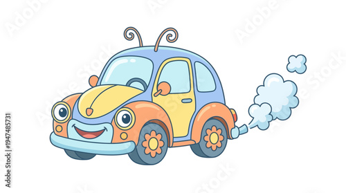 cartoon illustration of whimsical car with friendly face and puffs