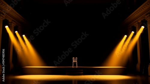 Empty stage with spotlights and a single chair in the center.