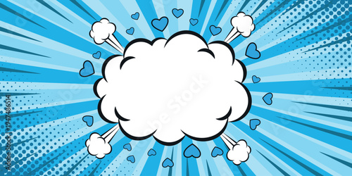 Explosion of Hearts and Thought Bubble: A vibrant illustration features a comic-style explosion bursting with hearts and a central thought bubble, perfect for conveying ideas and emotion.