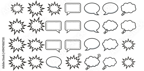 Speech Bubbles and Burst Icons: A collection of various speech bubbles and burst icons, designed with clean lines and versatile shapes, perfect for conveying messages and adding visual interest.